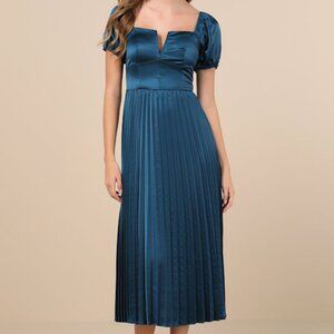Lulus Flawless Forever Teal Satin Pleated Midi Dress Blue - Size S